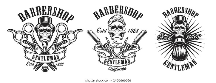 Set of illustrations in vintage style for a barber shop with skulls, scissors, a straight razor, ribbon on a white background. Text and other elements in each illustration in separate groups.