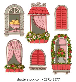 set of illustrations with a vintage windows