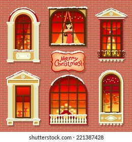 Set of illustrations with a vintage windows. Merry Christmas!