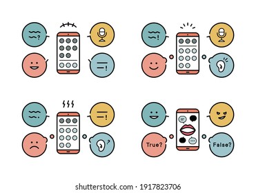 A set of illustrations for voice social networking. There are elements of smart phone, wiping, conversation, icon, community.