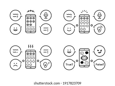 A set of illustrations for voice social networking. There are elements of smart phone, wiping, conversation, icon, community.