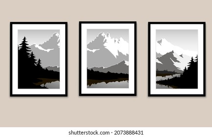 Set of illustrations for wall decoration, picturesque rural mountain, river and forest scene.  Postcard or brochure cover design background. Modern Abstract Painting Artwork