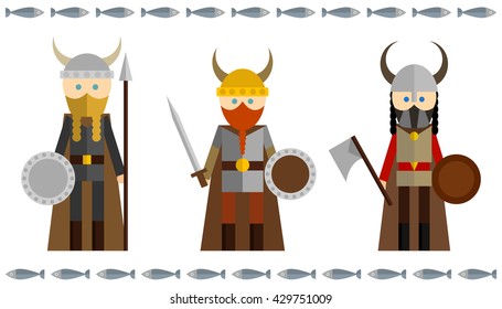 Set of illustrations with warriors on white background. Elements for design.