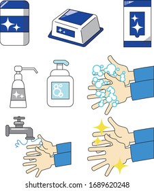 A set of illustrations of washing hands