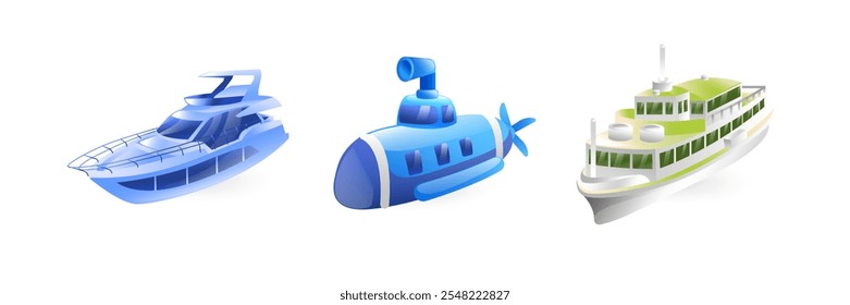 Set of illustrations of water transport, yacht, passenger ship, motor ship, submarine, realistic in 3D style.