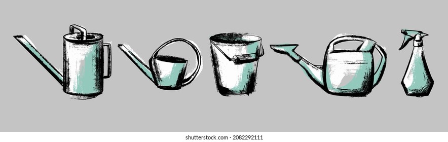 A set of illustrations for watering plants, watering can bucket sprayer. Illustration in the style of careless sketch and scrapbooking.