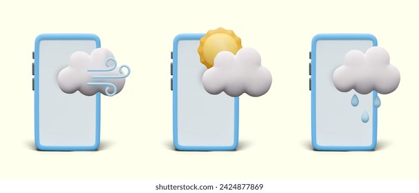 Set of illustrations for weather forecast phone app. Vector mockup of smartphone, weather icons