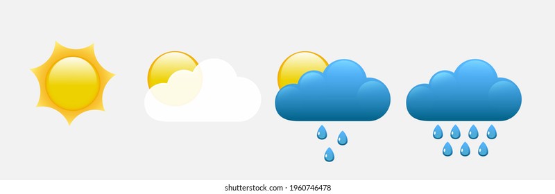 Set of illustrations for weather forecasting. Sun, rain, clouds, cloudy. Vector illustration.