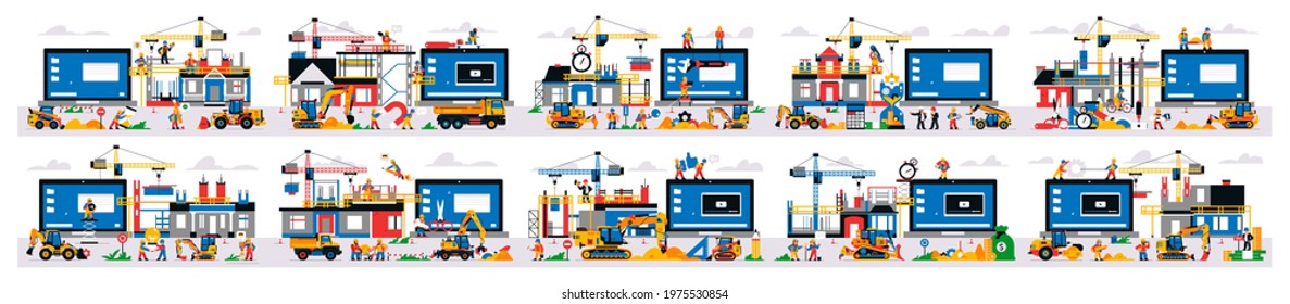 Set of illustrations, website under construction. Technical work, error page. Website construction site, equipment, builders, unfinished building, money, gears, time, calendar. Vector illustration.