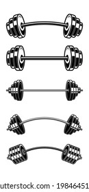 Set of illustrations of weightlifting barbell. Design element for logo, label, sign, emblem, banner. Vector illustration