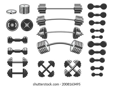 Set of illustrations of weightlifting barbells and dumbells . Design element for logo, label, sign, emblem, banner. Vector illustration