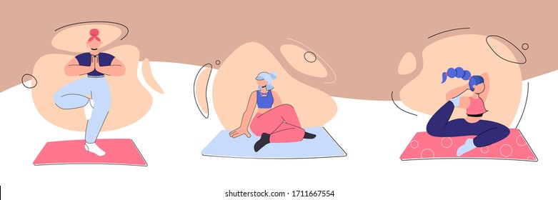 
Set of illustrations where beautiful young girls do yoga and fitness. They take different poses for relaxation and meditation. Stay home illustration in cartoon style.