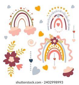 a set of illustrations where the main motif is a rainbow. The set includes various images that symbolize joy, diversity and nature. There are small illustrations around the rainbow that complement its