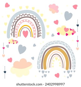 a set of illustrations where the main motif is a rainbow. The set includes various images that symbolize joy, diversity and nature. There are small illustrations around the rainbow that complement its