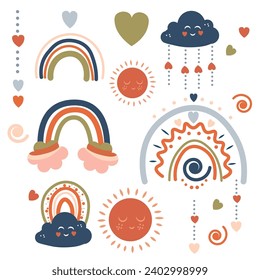 a set of illustrations where the main motif is a rainbow. The set includes various images that symbolize joy, diversity and nature. There are small illustrations around the rainbow that complement its