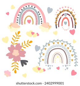 a set of illustrations where the main motif is a rainbow. The set includes various images that symbolize joy, diversity and nature. There are small illustrations around the rainbow that complement its