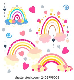 a set of illustrations where the main motif is a rainbow. The set includes various images that symbolize joy, diversity and nature. There are small illustrations around the rainbow that complement its