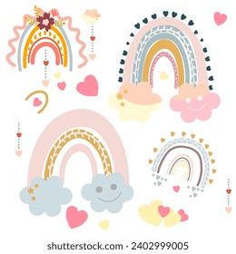 a set of illustrations where the main motif is a rainbow. The set includes various images that symbolize joy, diversity and nature. There are small illustrations around the rainbow that complement its