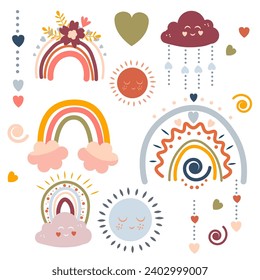 a set of illustrations where the main motif is a rainbow. The set includes various images that symbolize joy, diversity and nature. There are small illustrations around the rainbow that complement its