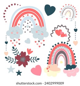 a set of illustrations where the main motif is a rainbow. The set includes various images that symbolize joy, diversity and nature. There are small illustrations around the rainbow that complement its