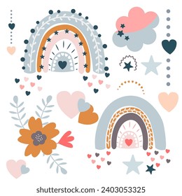 a set of illustrations where the main motif is a rainbow. The set includes various images that symbolize joy, diversity and nature. There are small illustrations around the rainbow that complement its