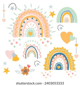 a set of illustrations where the main motif is a rainbow. The set includes various images that symbolize joy, diversity and nature. There are small illustrations around the rainbow that complement its