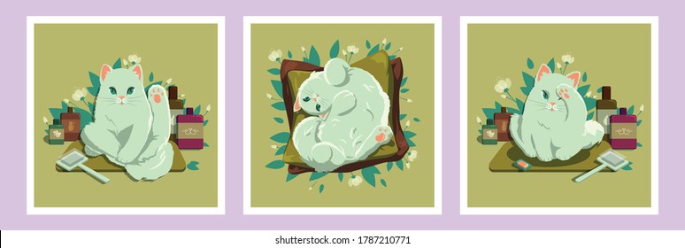 Set of illustrations of white cat. One sits with its leg up, another one lies on its back and another one washes