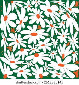 Set of illustrations of white flowers on a green background, pattern with a floral composition. Summer spring and autumn flowers, screensaver, wallpaper, cover, wrapper, hand-drawn floral seekers, flo