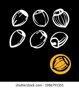 A set of illustrations in white on a black background. Hazelnuts, hazelnuts. Logo or logo for printing on the plotter.