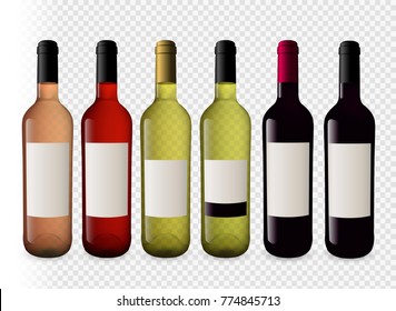 Set illustrations of wine bottles with transparent background. Bottles of red wine, white wine and rose wine. Plugs of different colors. Isolated illustrations.