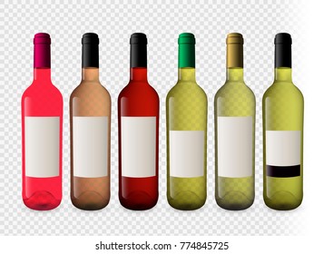 Set illustrations of wine bottles with transparent background. Bottles of white wine and rose wine. Plugs of different colors. Model for your designs. Isolated illustrations