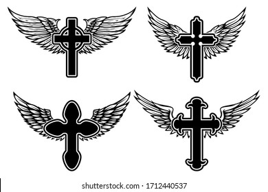 Set of illustrations of winged christian religious crosses. Design element for infographic, emblem, sign, poster, car, banner. Vector illustration