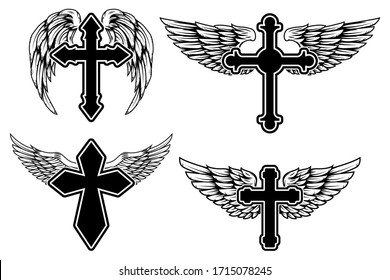 Set of illustrations of winged christian religious crosses. Design element for infographic, emblem, sign, poster, car, banner. Vector illustration