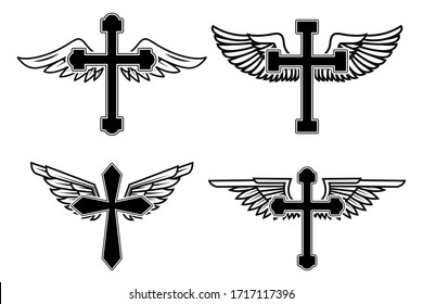 Set of illustrations of winged christian religious crosses. Design element for infographic, emblem, sign, poster, car, banner. Vector illustration