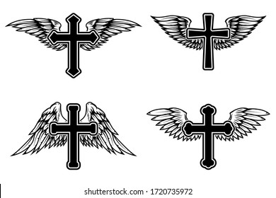 Set of illustrations of winged christian religious crosses. Design element for infographic, emblem, sign, poster, car, banner. Vector illustration