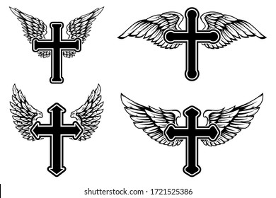Set of illustrations of winged christian religious crosses. Design element for infographic, emblem, sign, poster, car, banner. Vector illustration