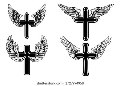 Set of illustrations of winged christian religious crosses. Design element for infographic, emblem, sign, poster, car, banner. Vector illustration