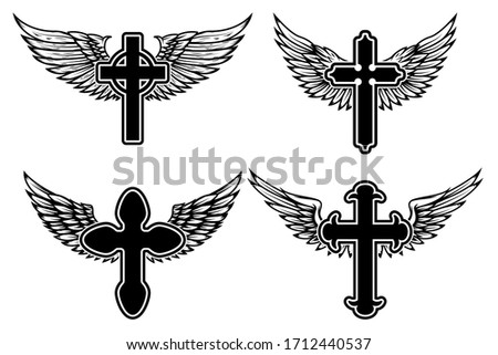 Set of illustrations of winged christian religious crosses. Design element for infographic, emblem, sign, poster, car, banner. Vector illustration