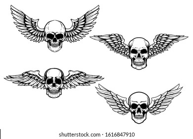 Set of illustrations of winged skull isolated on white background. Design element for poster, card, banner, sign. Vector illustration