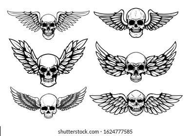 Set of illustrations of winged skull isolated on white background. Design element for poster, card, banner, sign. Vector illustration