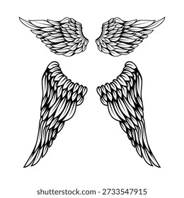 Set of illustrations of wings in engraving style. Gothic style wings tattoo. Design elements for logo, emblem, sign. Vector illustration