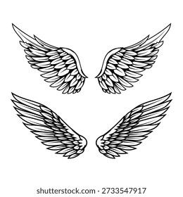 Set of illustrations of wings in engraving style. Gothic style wings tattoo. Design elements for logo, emblem, sign. Vector illustration
