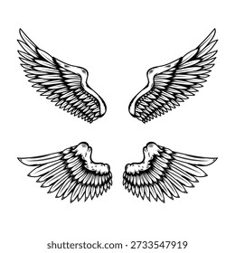 Set of illustrations of wings in engraving style. Gothic style wings tattoo. Design elements for logo, emblem, sign. Vector illustration