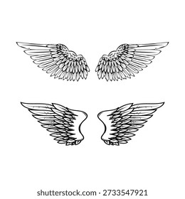 Set of illustrations of wings in engraving style. Gothic style wings tattoo. Design elements for logo, emblem, sign. Vector illustration
