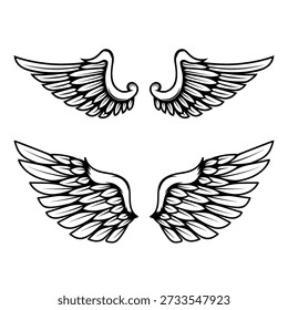 Set of illustrations of wings in engraving style. Gothic style wings tattoo. Design elements for logo, emblem, sign. Vector illustration
