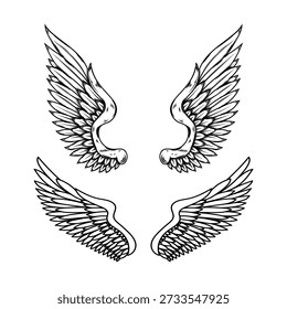 Set of illustrations of wings in engraving style. Gothic style wings tattoo. Design elements for logo, emblem, sign. Vector illustration