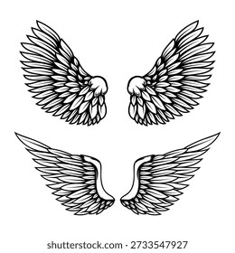 Set of illustrations of wings in engraving style. Gothic style wings tattoo. Design elements for logo, emblem, sign. Vector illustration