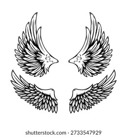 Set of illustrations of wings in engraving style. Gothic style wings tattoo. Design elements for logo, emblem, sign. Vector illustration