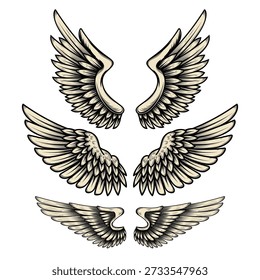 Set of illustrations of wings in engraving style. Gothic style wings tattoo. Design elements for logo, emblem, sign. Vector illustration