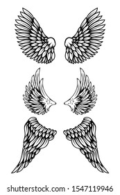 Set of illustrations of wings in tattoo style isolated on white background. Design element for logo, label, badge, sign. Vector illustration